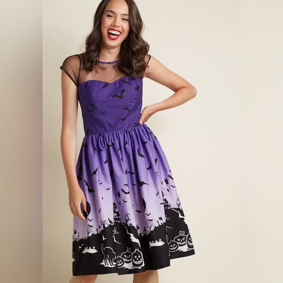Hell Bunny Dresses & Skirts - Hell Bunny ModCloth Halloween Black Purple Bat Cat Pumpkin Lace Dress Midi Small